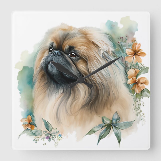ADORABLE PEKINGESE DOG WITH WILDFLOWERS SQUARE WALL CLOCK (Front)