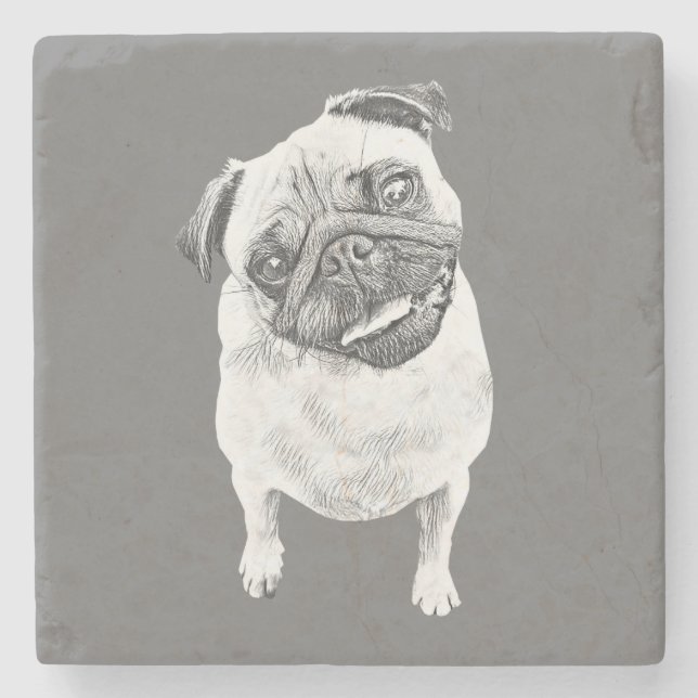 Adorable Pencil Happy Pug Marble Coaster (Front)