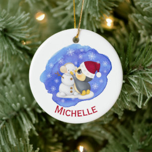 Adorable Penguin And Snowman Name Ceramic Ornament