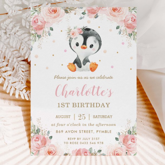 Adorable Penguin Blush Floral Girl 1st Birthday  Invitation (Creator Uploaded)