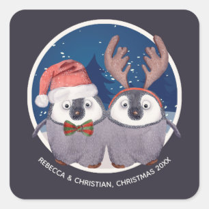 Adorable Penguin Couple Christmas Square Sticker