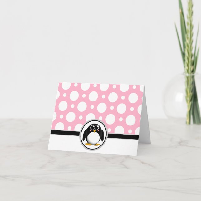 Adorable Penguin custom Pink Polka Dot Cards (Front)