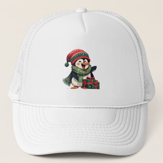 Adorable Penguin Dressed for Christmas Trucker Hat (Front)