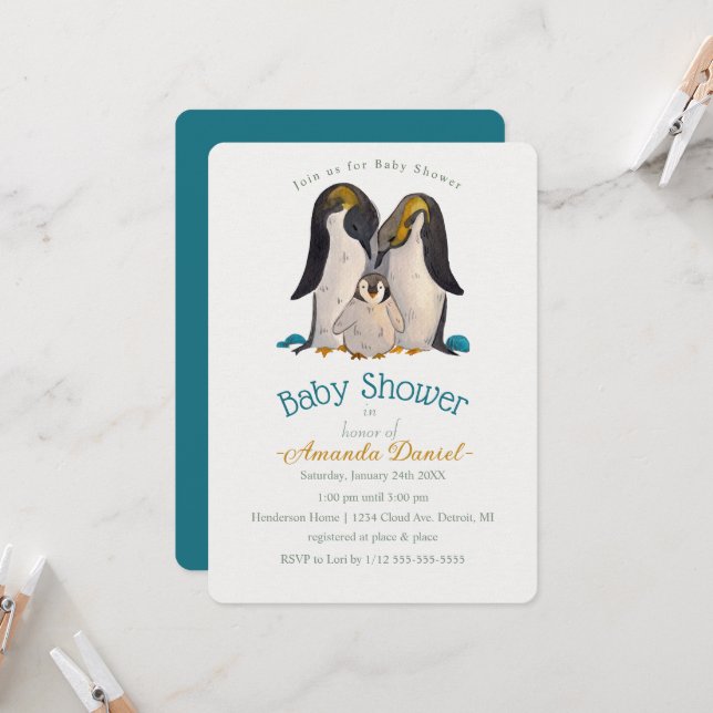 Adorable Penguin Family Baby Shower Invitation (Front/Back In Situ)