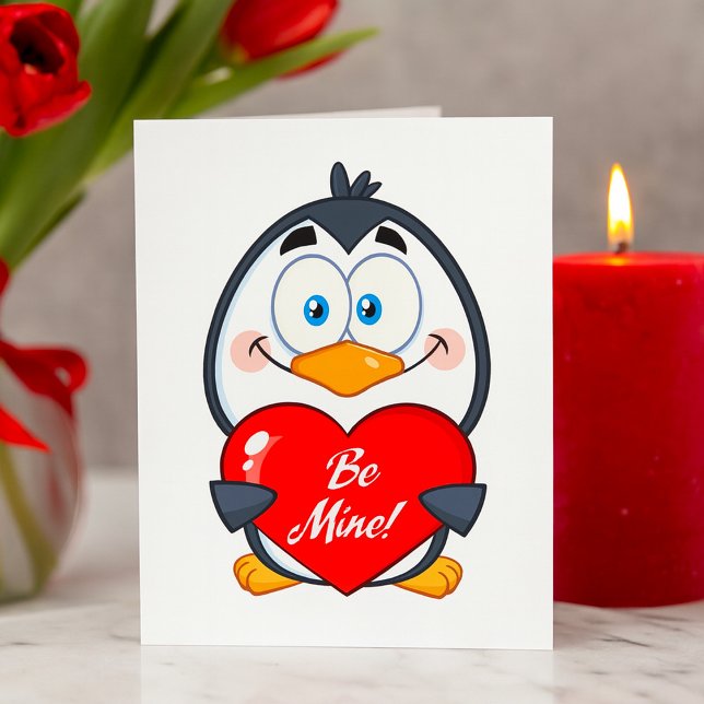 Adorable Penguin Holding Be Mine Heart  Card (Creator Uploaded)