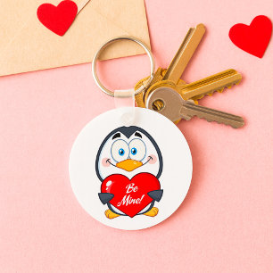 Adorable Penguin Holding Be Mine Heart  Key Ring