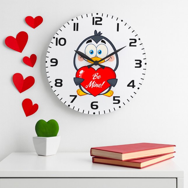 Adorable Penguin Holding Be Mine Heart  Large Clock (Creator Uploaded)