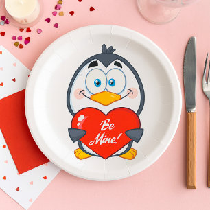 Adorable Penguin Holding Be Mine Heart  Paper Plate