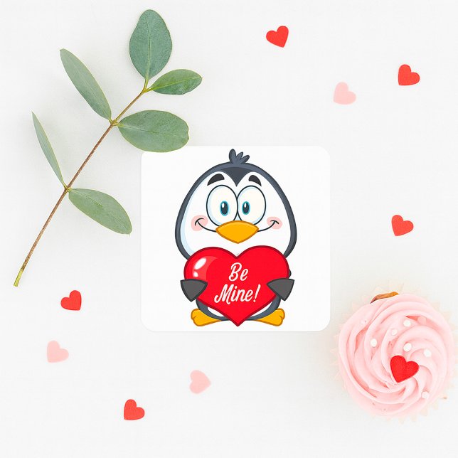 Adorable Penguin Holding Be Mine Heart  Square Sticker (Creator Uploaded)