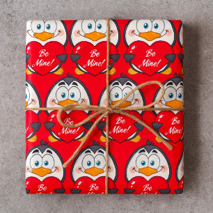Adorable Penguin Holding Be Mine Heart Wrapping Paper