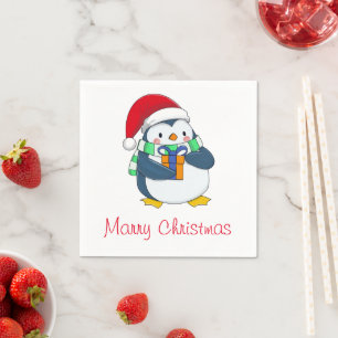 Adorable Penguin in Christmas Hat with Gift Napkin