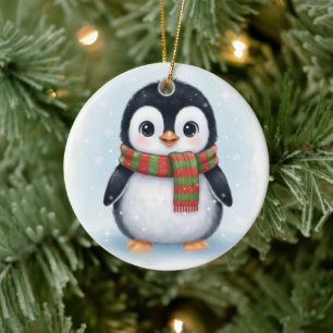 Adorable Penguin in Scarf Icy White Winter Ceramic Ornament