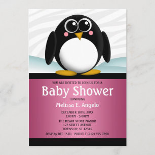 Adorable Penguin Pink Girl Baby Shower Invitations