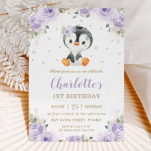 Adorable Penguin Purple Floral Girl 1st Birthday  Invitation