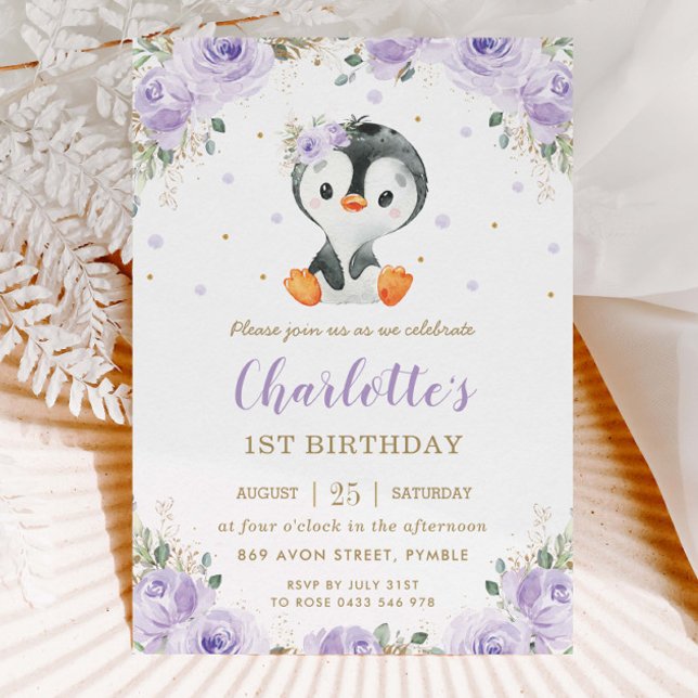 Adorable Penguin Purple Floral Girl 1st Birthday  Invitation (Creator Uploaded)