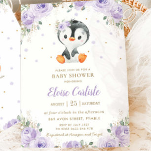 Adorable Penguin Purple Floral Girl Baby Shower  Invitation