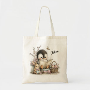Adorable Penguin Reading Scene Illustration Tote Bag