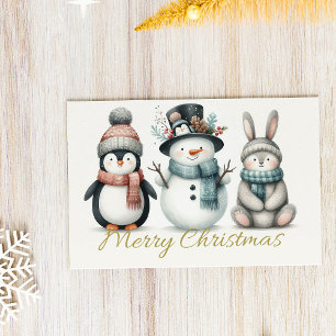 Adorable Penguin, Snowman & Bunny “Merry Christmas Holiday Postcard