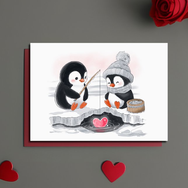 Adorable Penguin Valentine / Proposal Ice Fishing Holiday Card (Cute ice fishing penguin couple Valentine card with adorable watercolor painting.)