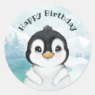 Adorable Penguin Winter Landscape Happy Birthday  Classic Round Sticker