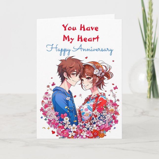 Adorable Personalised Anime Couple Anniversary Card (Front)