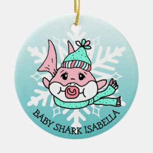 Adorable Personalised Baby Shark and Snowflake Ceramic Ornament