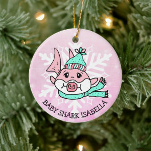 Adorable Personalised Baby Shark and Snowflake Ceramic Ornament