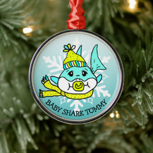 Adorable Personalised Baby Shark and Snowflake Metal Ornament