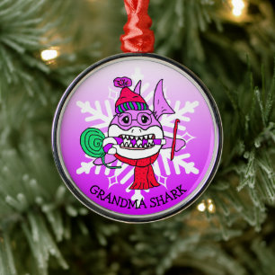 Adorable Personalised Grandma Shark and Snowflake Metal Ornament