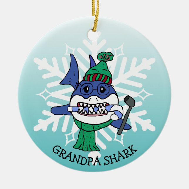 Adorable Personalised Grandpa Shark and Snowflake Ceramic Ornament (Front)