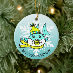 Adorable Personalized Baby Shark and Snowflake Ceramic Ornament