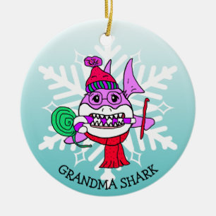 Adorable Personalized Grandma Shark and Snowflake Ceramic Ornament