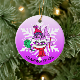 Adorable Personalized Grandma Shark and Snowflake Ceramic Ornament