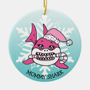Adorable Personalized Mommy Shark and Snowflake Ceramic Ornament