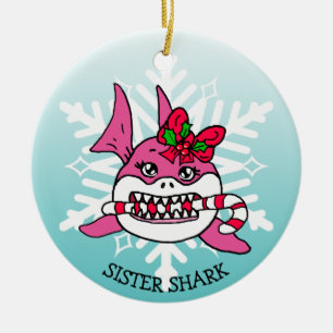 Adorable Personalized Sister Shark and Snowflake Ceramic Ornament