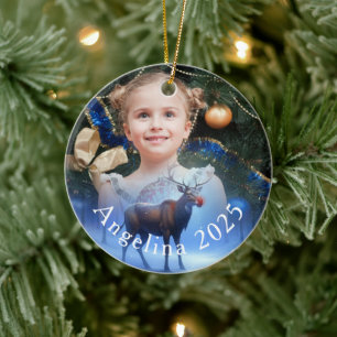 Adorable Photo Custom Reindeer Winter Wonderland  Ceramic Ornament