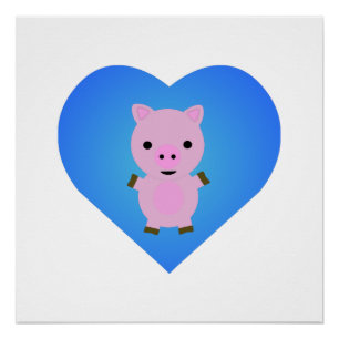 Adorable Pig with a Blue Heart in the Background Poster