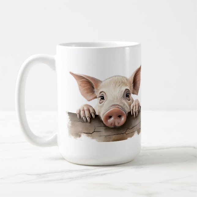 ADORABLE PIGLET PEEKING OVER FENCE COFFEE MUG (Left)