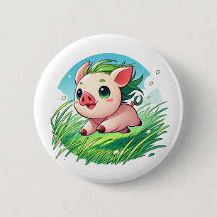Adorable piglet with green hair running 6 cm round badge