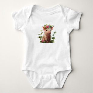 Adorable Piglet with Wreath of Flowers Baby Bodysuit