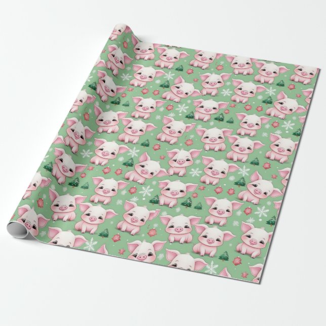 Adorable Piglets for Christmas Green Holiday Wrap Wrapping Paper (Unrolled)