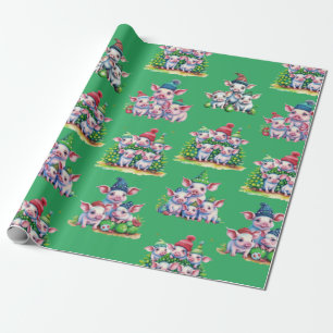 Adorable Pigs on Green Christmas Gift Wrap