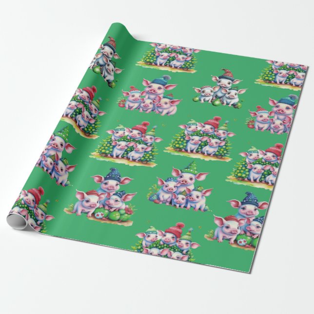 Adorable Pigs on Green Christmas Gift Wrap (Unrolled)