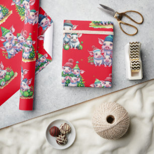 Adorable Pigs on Red Christmas Gift Wrap