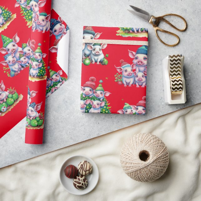 Adorable Pigs on Red Christmas Gift Wrap (Crafts)