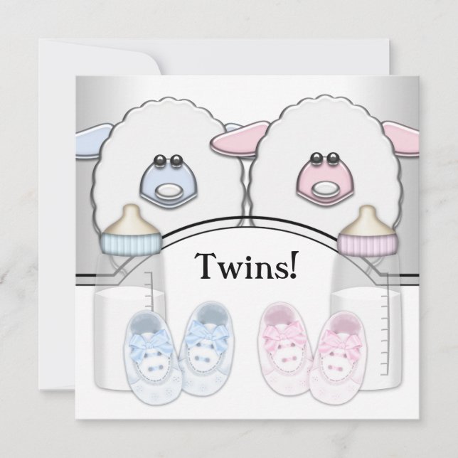 Adorable Pink and Blue Sheep Twin Baby Shower Invitation (Front)
