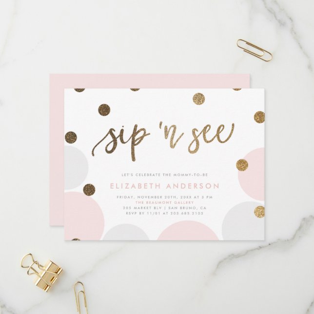 Adorable Pink and Grey Pastel Bubbles Sip & See Invitation Postcard (Front/Back In Situ)