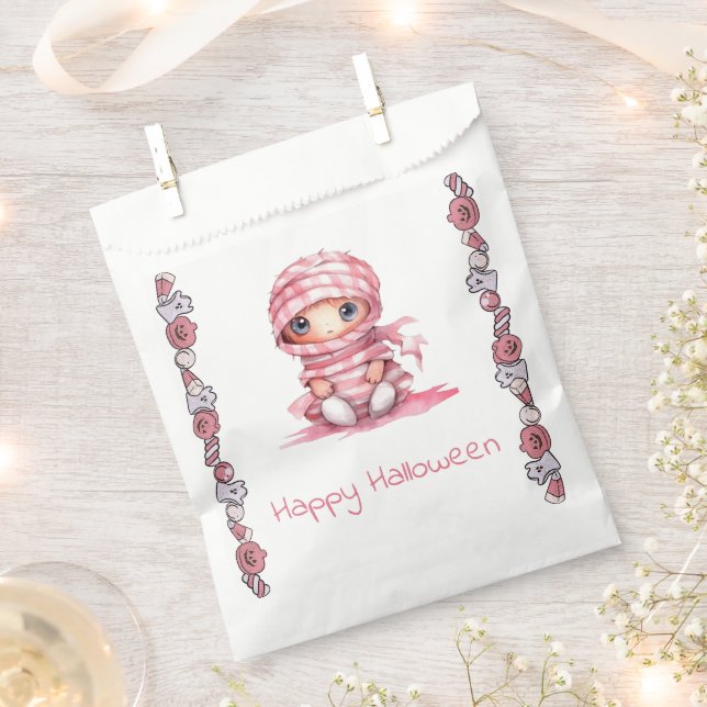 Adorable Pink and White Mummy Happy Halloween Favour Bag (Clipped)