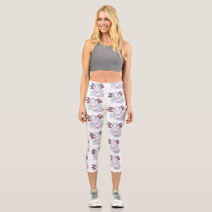 Adorable pink axolotl cartoon capri leggings