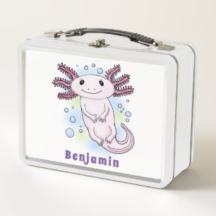 Adorable pink axolotl cartoon metal lunch box